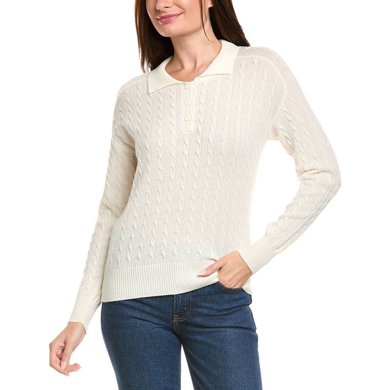 Kier+J Womens Kier + J Cable Knit Wool & Cashmere-Blend Polo Sweater, White